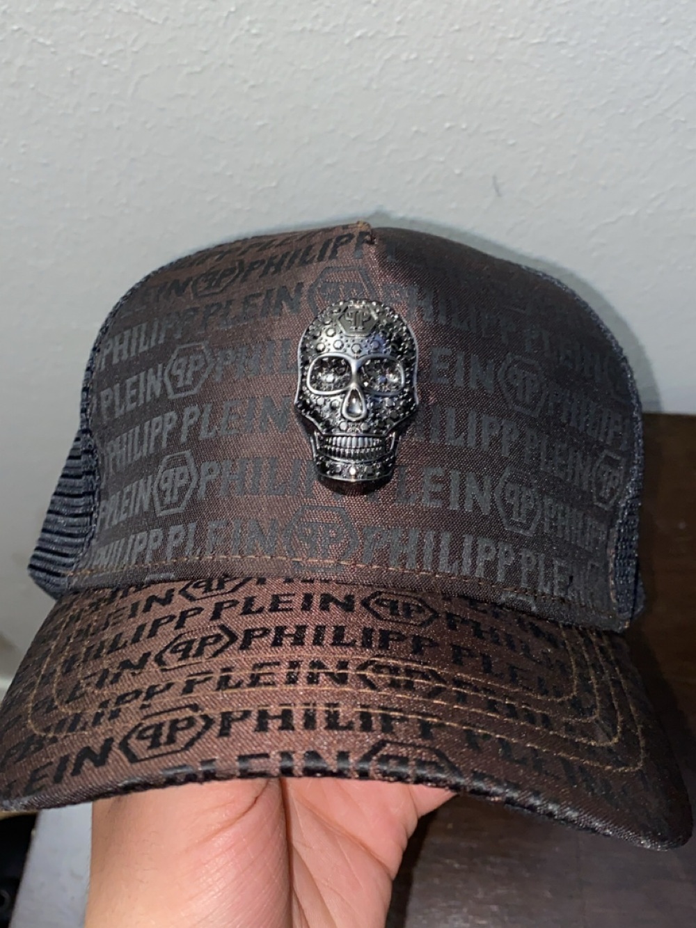 Philipp Plein Brown and Black Logo Skull Cap